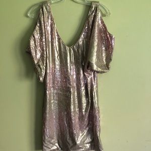 Pink and beige sequence shoulder/arm cut out dress